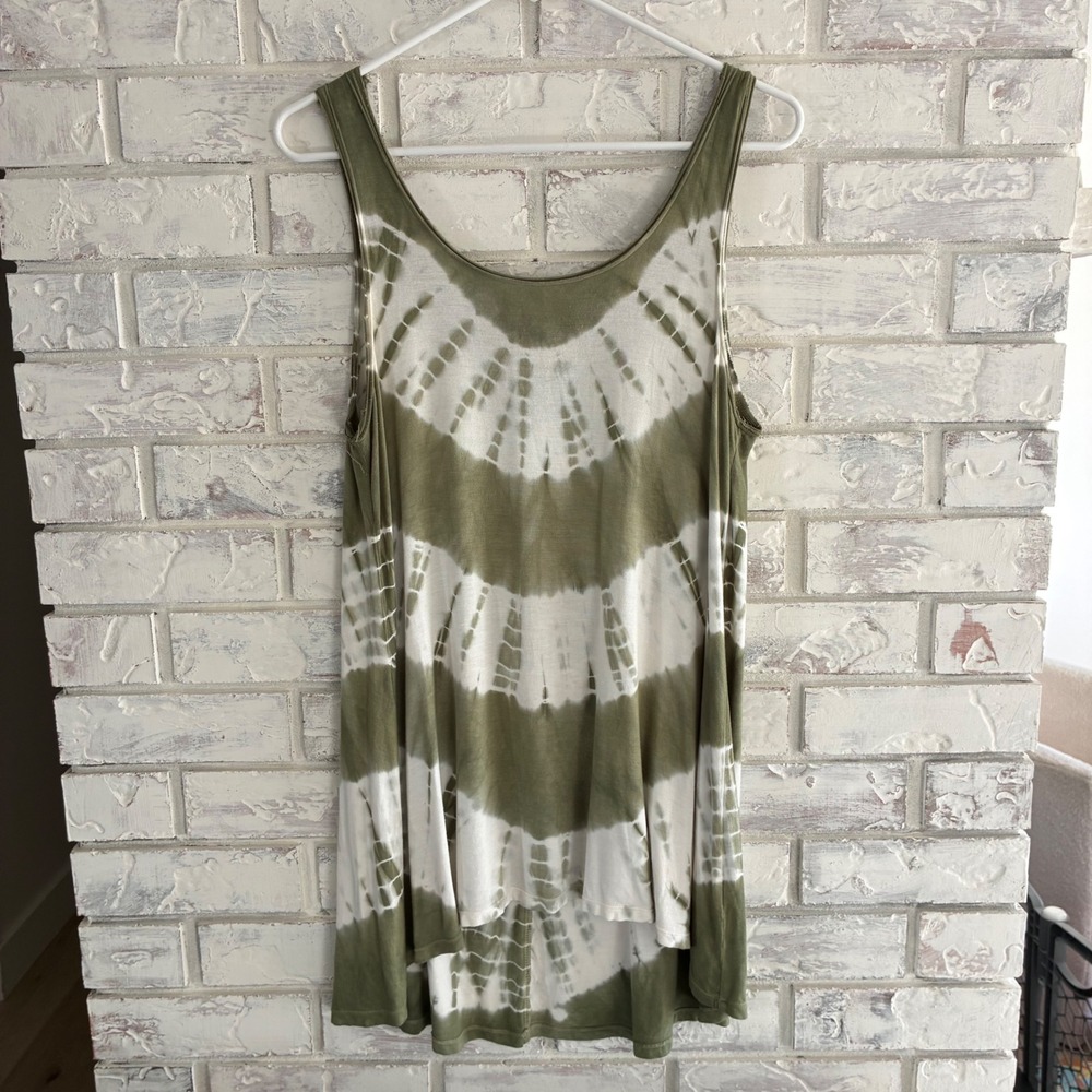 Cupio Olive Green Cream Tie Dye Long Tank Top M Boho Tunic Rayon Sleeveless